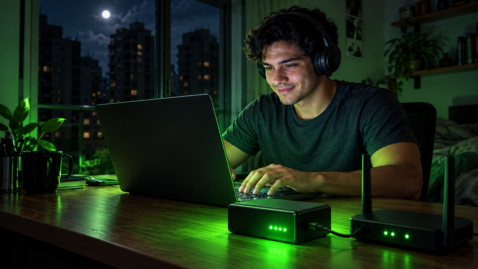 Persona usando su laptop de noche con respaldo de energía para el router